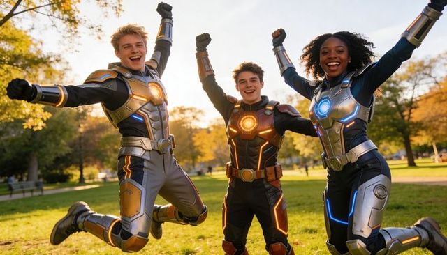 Triad of heroes jumping in futuristic glowing armor in sunlit autumn park cosplay