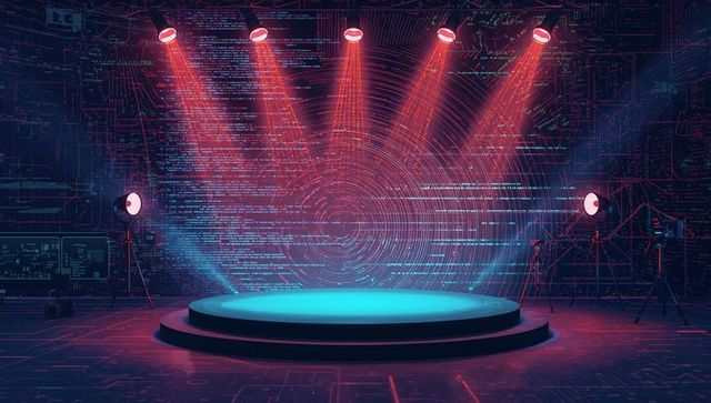 Futuristic Stage with Red Spotlights and Digital Interface