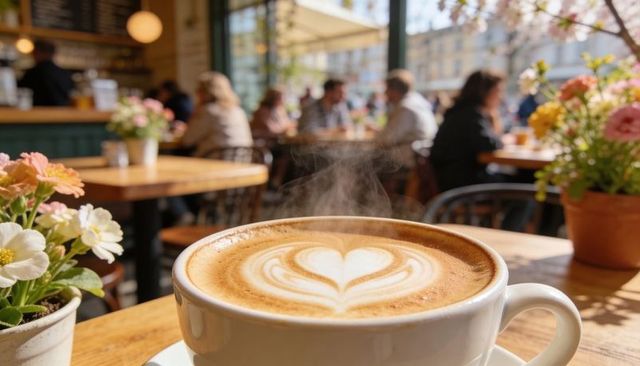 Steaming latte with heart latte art on wooden table in sunlit urban cafe