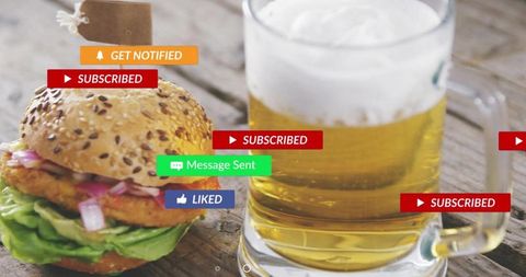 Showing seeded-bun burger and frothy beer with social media overlays for food marketing