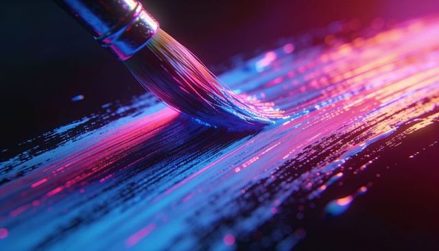 Neon paintbrush creating glossy blue and magenta streaks with led rim lighting