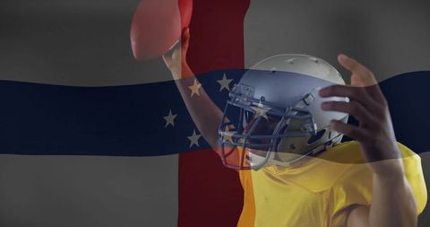 Dynamic Football Player with Flag Overlay Exuding Sportsmanship and Patriotism