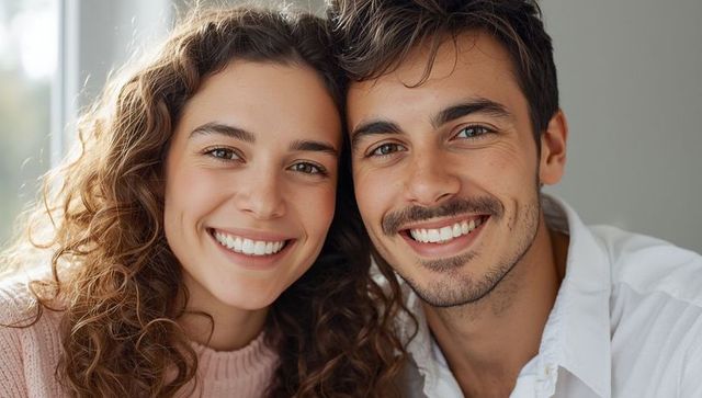 Smiling couple posing together in soft natural light
