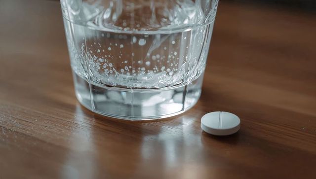 Effervescent tablet dissolving next to glass of bubbling water on sunlit wooden tabletop