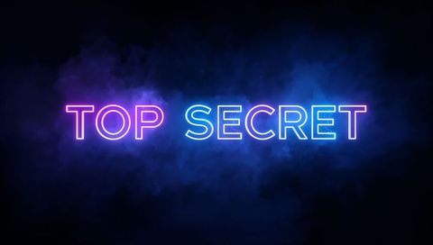 Glowing top secret neon text with purple and cyan smoke, cyberpunk typography banner