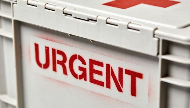 Urgent medical supply case showing red stencil and cross on ambulance crate