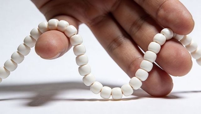 Guiding white bead strand with fingertips across white tabletop closeup minimalist jewelry