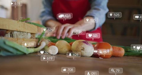 Home cook preparing fresh vegetables with social media engagement overlay