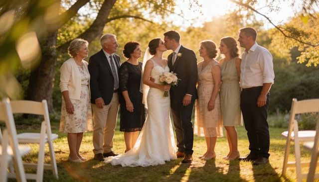 Golden-hour newlyweds kissing with family | bride in lace gown holding bouquet