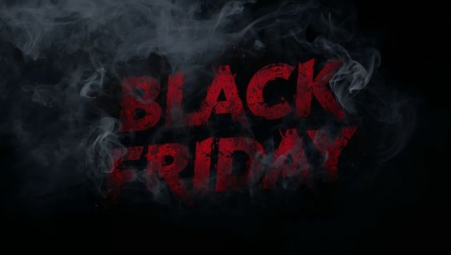 Black Friday grunge typography cracking red letters glowing embers swirling smoke