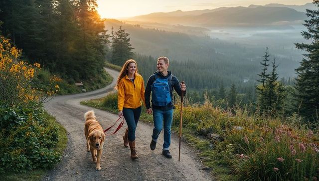 Smiling couple walking golden retriever on misty mountain trail at sunrise