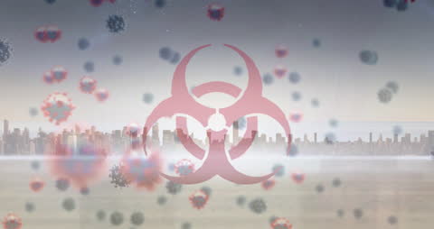 Biohazard Symbol Over Cityscape with Virus Cells Animation