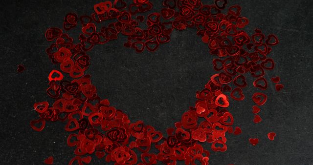 Red heart-shaped confetti forming an outline on a dark background conveys love and romance. This imagery is ideal for Valentine’s Day promotions, romantic events, wedding invitiations, festive decorations, and love-themed marketing campaigns.