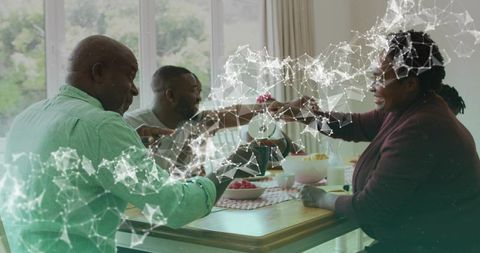 Family Enjoying Breakfast with Digital Overlay Art, Unity Concept