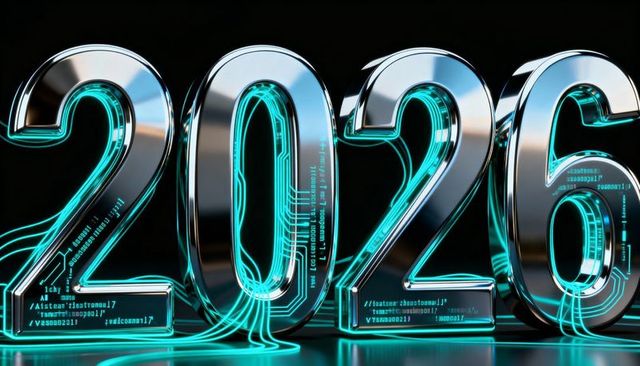 Futuristic chrome 2026 numerals with cyan neon circuitry and reflective metallic sculpture