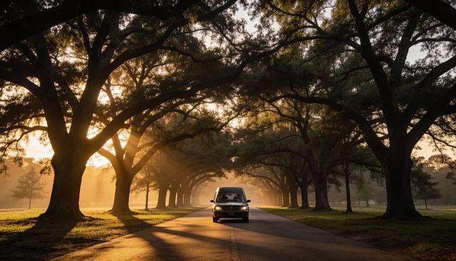 Driving suv down oak-lined avenue at golden hour with sunbeams and morning mist
