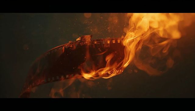 Burning Analog Film Strip with Flames and Embers