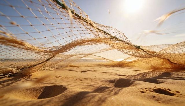 Sunlit fishing net drifting over golden sand casting mesh shadows during warm golden hour