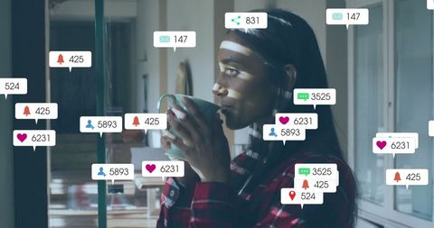 Social Media Engagement Overlaid on Contemplative Tea Moment