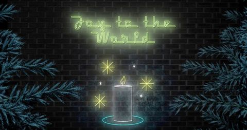 Christmas Neon Sign 'Joy to the World' With Candle and Fir Tree Decoration
