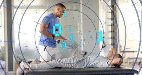 Trainer Guiding Client Through Assisted Stretching With Augmented Reality Performance Data