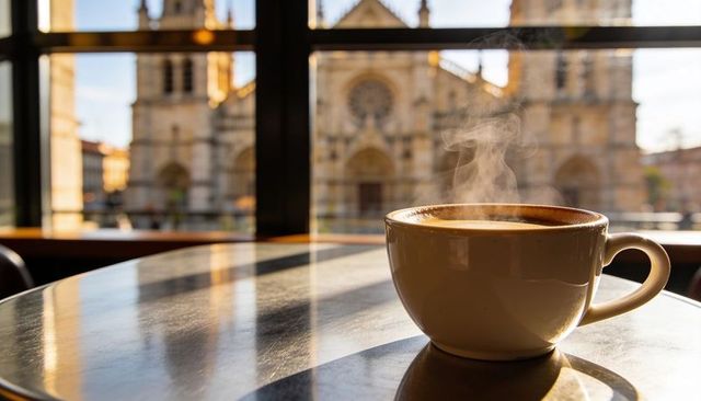 Steaming ceramic coffee cup on reflective metal table with cathedral rose window view