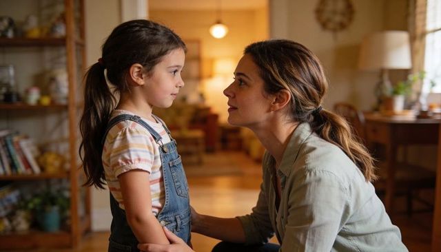 Kneeling mother comforting daughter in denim overalls in warm cozy family living room