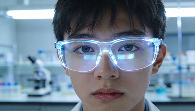 Asian student wearing led safety goggles in high-tech laboratory closeup focused portrait