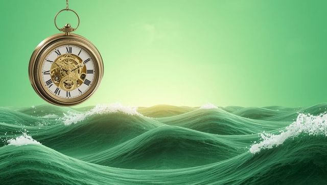 Antique pocket watch floating above mysterious emerald waves