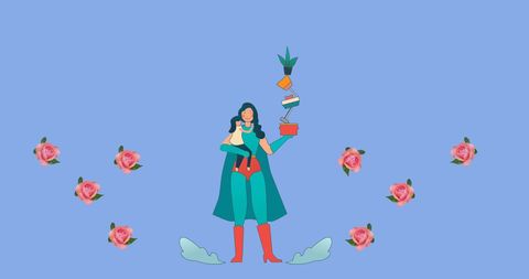 Superhero mother and daughter with roses on blue background