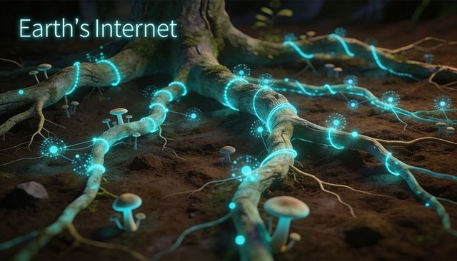 Glowing mycelium network connecting tree roots and mushrooms with cyan nodes