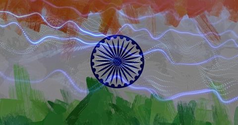 Abstract indian tricolor canvas featuring neon ashoka chakra, painterly texture and dotted light wav