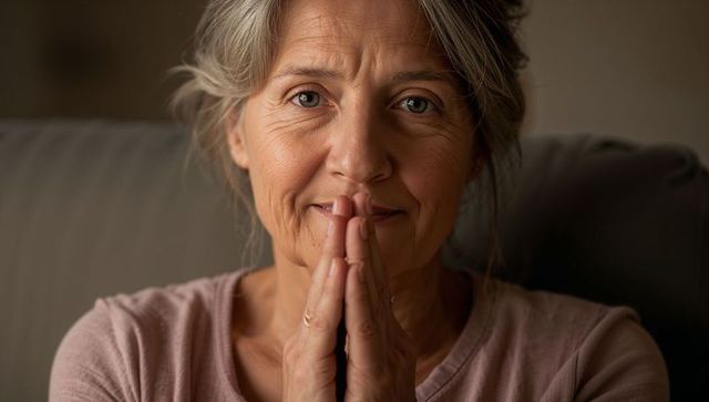 Contemplative senior woman with hands clasped near mouth, rings and warm soft natural light
