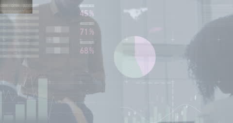 Business Team Engaged in Data Analysis with Digital Overlay