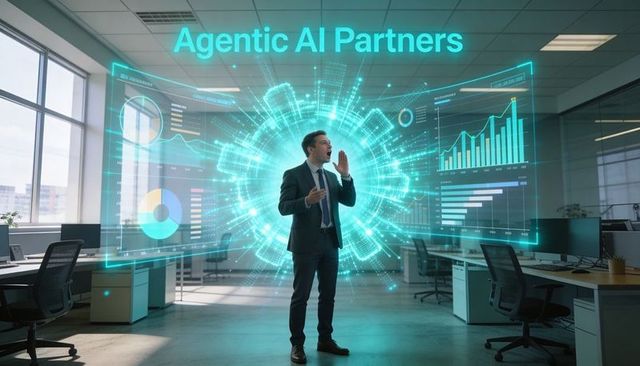 Business executive presenting agentic ai partners holographic data dashboard in modern office