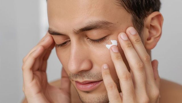 Man applying facial moisturizer near eye closeup, grooming skincare routine for men