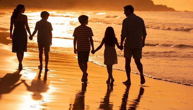 Family walking hand in hand on sunset beach with silhouettes and reflections
