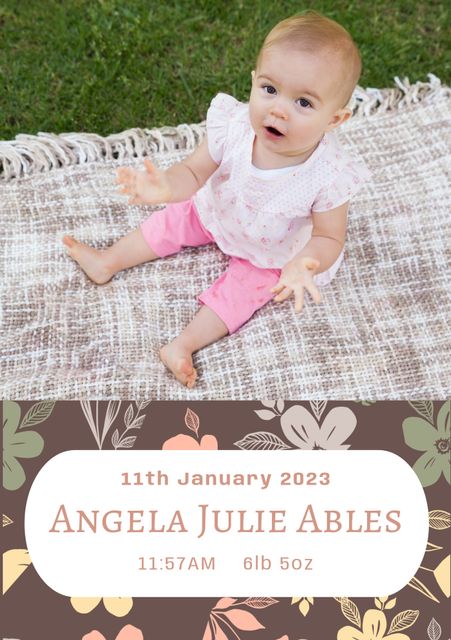 Cute baby girl sitting on blanket outdoors in a park, perfect for birth announcements, baby cards, or family event invitations. Featuring birth details such as date, time, and weight, making it ideal for keepsakes, personalized baby gifts, and social media announcements.