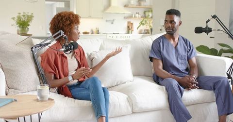 Recording home podcast interview with host and healthcare professional discussing wellness