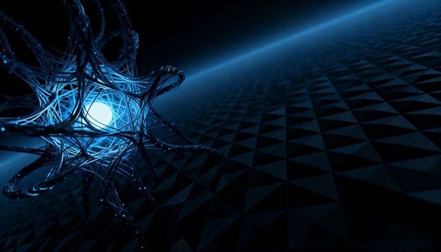 Glowing blue sphere emitting tangled glossy filaments across dark geometric triangular plane
