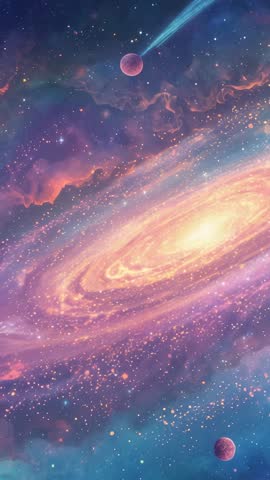 Vertical video showing glowing spiral galaxy drifting in pastel nebula with comet trail