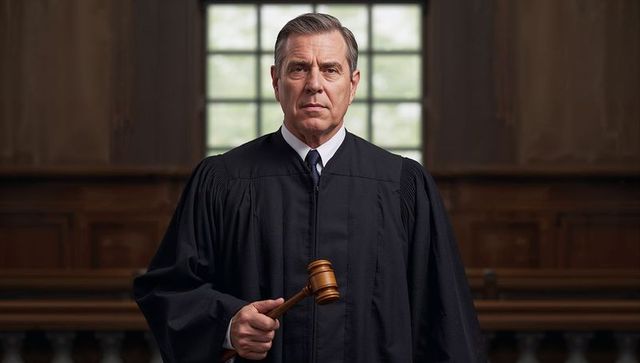 Solemn senior judge holding wooden gavel facing courtroom window in black robe
