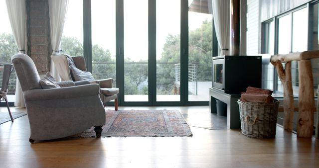 Cozy Living Room with Large Windows and Fireplace - Download Free Stock Images Pikwizard.com