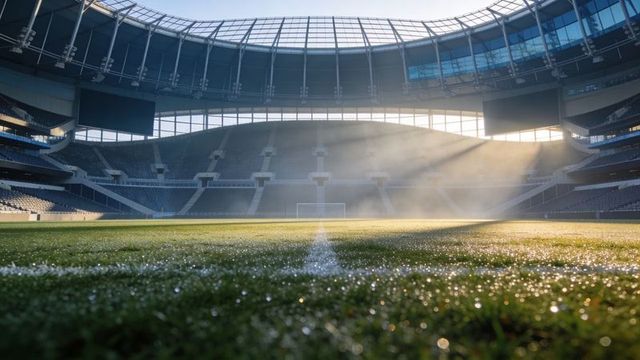 Sunlit dewy soccer pitch at goal line in empty modern stadium with misty rays and close-up view