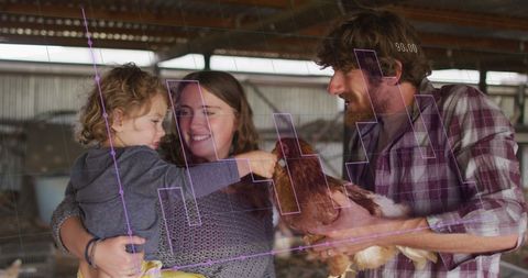 Family on Farm Analyzing Data Overlaid with Technology Interface