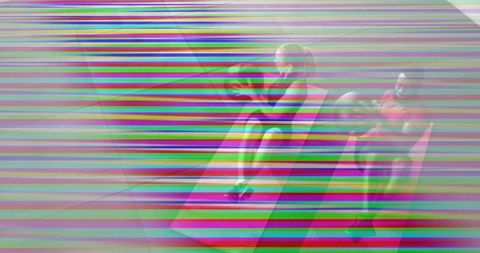 Performing medicine ball crunches on incline benches with vibrant scanline glitch effect