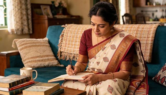 Indian woman journaling on teal sofa wearing cream saree and ethnic jewelry