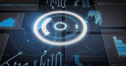 Futuristic Holographic Data Dashboard with Circular HUD, Circuit Traces and Globe Overlay
