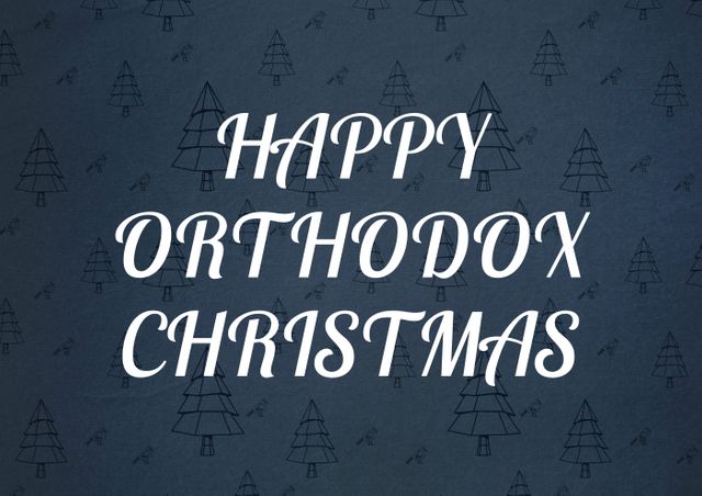 Vector of happy orthodox christmas text with spruce trees pattern on gray background, copy space. orthodox christmas, greeting, tradition and holiday.