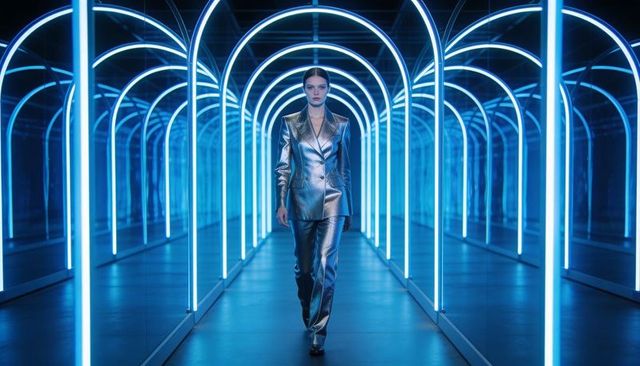 Futuristic model striding through neon arch tunnel wearing silver metallic suit